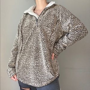 Brown + White Sherpa Teddy Quarter Zip Pullover